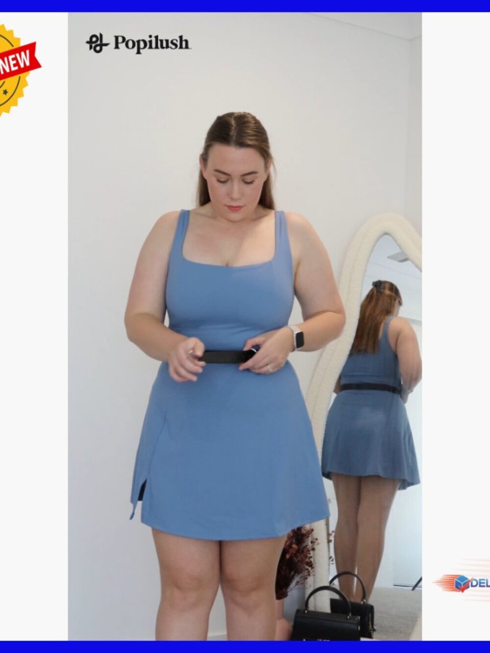 Shapewear Tennis Dress with Pockets, Square Neck, Slit Hem, Built-in Shorts - Picture 7 of 7
